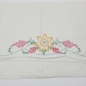 Vintage Hand Embroidered Yellow Flower Floral Cotton Pillowcase Single Standard